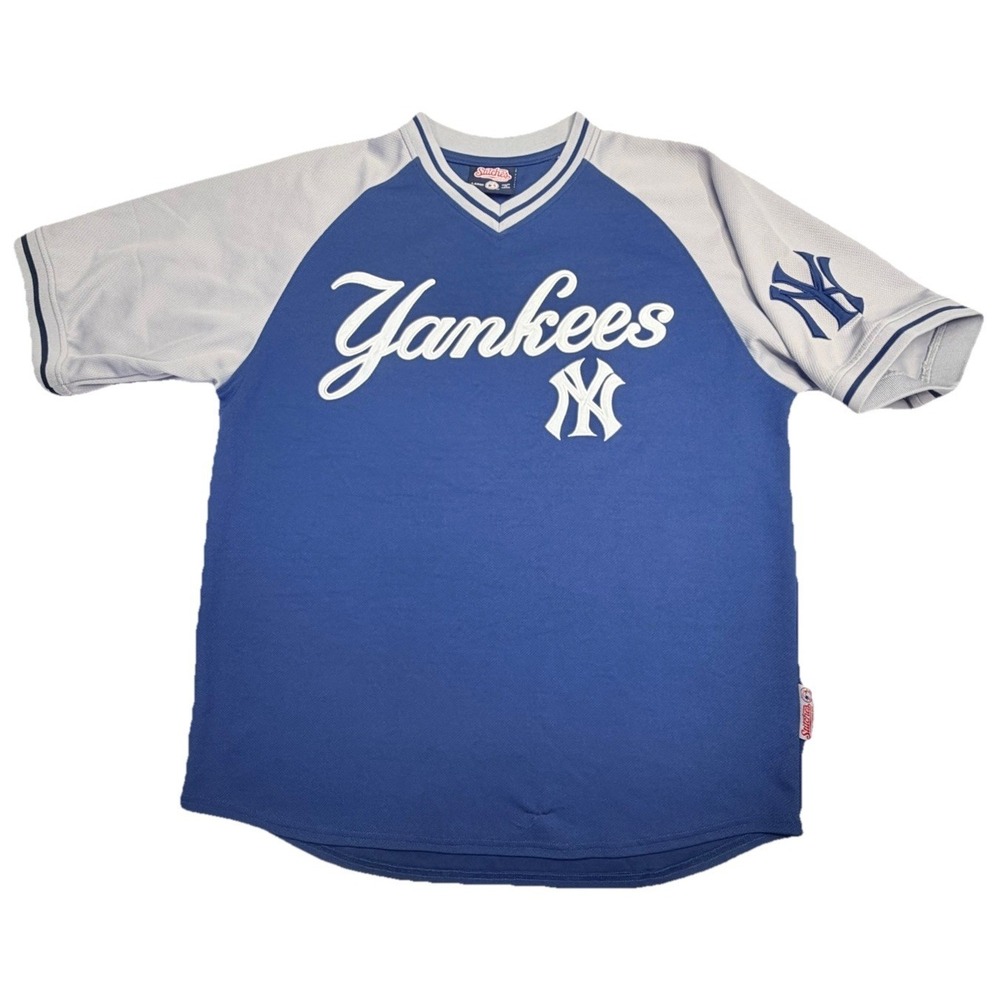 New York Yankees Stitches V Neck Jersey Shirt‎ Large Blue Gray MLB Baseball